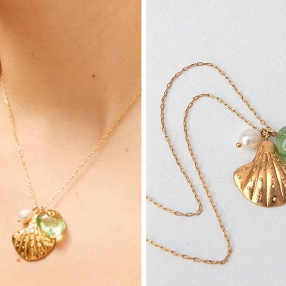 Tory Burch Charm Necklace Gold Shell Pearl Green Pendant Layering Necklace - Picture 7 of 7